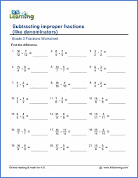 Convert each fraction to an equivalent form with the lcd as the denominator. Subtracting Improper Fractions With Like Denominators Worksheets K5 Learning