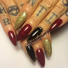 Red Black And Glitter Nails Red Gold Black Glitter Almond Stiletto Nails Nailsyulieg Red And Gold Nails Gold Nails Red Nails