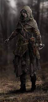 F Rogue Thief Leather Armor Cloak Sword Pouches Female Conifer Forest Trail Lg Fantasy Character Design Concept Art Characters Character Art