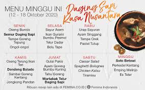 Menu masakan opor ayam kuah kuning ini merupakan resep masakan sederhana yang enak dan dapat dikonsumsi oleh anak anak maupun orang dewasa. Daftar Menu Mingguan 12 18 Oktober 2020 Daging Sapi Rasa Nusantara