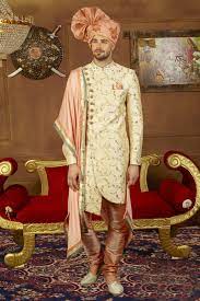Cream And Peach Mens Sherwani Wedding Dresses Men Indian Mens Sherwani Indian Groom Wear