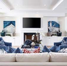 Blue And White Hamptons Style Lounge Room With Fireplace And Tv Above Cape Cod Living Room Hamptons Living Room Family Room Design