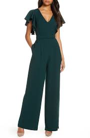 Womens Eliza J Flutter Sleeve Belted Satin Jumpsuit Size