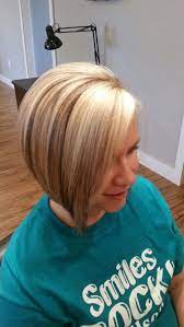Blonde Highlights Chocolate Lowlights Angled Bob Short Hair Blended High And Low Lights Hair By S Short Hair Highlights Short Blonde Hair Short Hair Styles