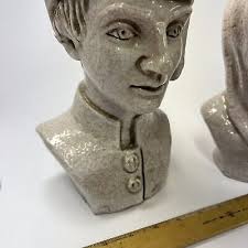 Pair Italian Faence Crackle Art Pottery Male & Female Busts Paul's Pottery  Italy
