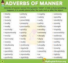 An adverb of manner should not be put between a verb and an . An Important List Of Adverbs Of Manner You Should Learn My English Tutors