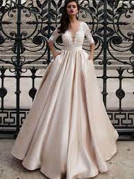 Great savings & free delivery / collection on many items. A Line Bateau Floor Length 3 4 Length Satin Wedding Dress Vb416 Wedding Dresses Satin Peach Blush Wedding Dress Long Wedding Dresses
