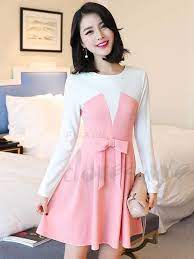 春服新作配色蝶結び長袖細身aライン着痩せ可愛いデートワンピース 美しいドレス サマードレス 春服