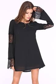 Black Long Sleeve Contrast Lace Loose Dress Fashion Cute Casual Dresses Short Dresses