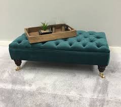 Large Bespoke Ottoman Footstool Coffee Table Plush Velvet Warwick Fabric Kingfisher Green Chesterfield Deep Buttoned Stool Footstool Coffee Table Ottoman Footstool Footstool