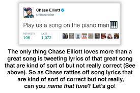 I love nascar, it's my kind of race just to see big e back on the track would put a smile on every face no one drove a car, quite like earnhardt vroom, vroom, vroom, vroom, vroom, i love nascar. Name That Tune With Chase Elliott Official Site Of Nascar