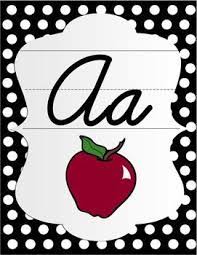 Cursive Alphabet Posters Black White Polka Dot With Color Pictures Cursive Alphabet Alphabet Poster Cursive Letters Alphabet