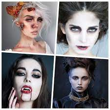 Einfaches Halloween Make Up Vampire Blut Lange Zahne Braune Lidschatten Herbstblatter Silberne Haare Einfaches Makeup Lila Mascara Karneval Schminken
