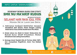 Burung tinggal dsangkar, masa lalu tinggal kenangan, setelah 30 hari menahan lapar selamat hari raya fitri, semoga kita lahir kembali suci. Selamat Hari Raya Idul Fitri 1441 H Smk Nu Maarif Kudus