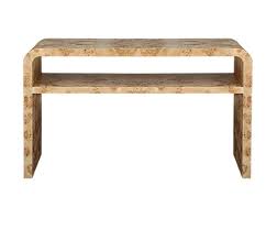 Waterfall Edge Two Tier Console Table In Burl Wood In 2020 Burled Wood Wood Modern Console Tables