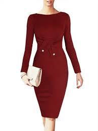 Folded Over Buttoned Waist Knee Length Tight Fitted Office Ladies Pencil Dress Long Sleeve Long Sleeve Sheath Dress Neck Bodycon Dress Casual Dresses For Women