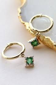 9ct Yellow Gold Huggie Hoops With Emerald And Diamond Gemstone Drops For The Perfect Ear Party Follow The Curated Gray Jewelry Diamond Hoop Earrings Earrings