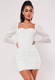 Missguided - Cream Mesh Ruched Mini Dress Mini Dress Long Sleeve Mini Dress Fashion