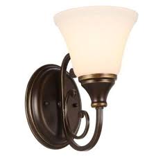 Hampton Bay Somerset 1 Light Bronze Sconce With Bell Shaped Frosted Glass Shade Gex8411a The Home Depot Bronze Sconces Sconces Glass Shades