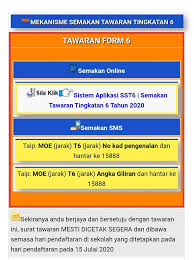 Semakan keputusan tawaran tingkatan 6 sesi 2020 2021 secara online dan sms.berikut dikongsikan tarikh semakan tawaran tingkatan 6 (form 6) tahun 2020 buat panduan lepasan spm tahun 2019. Ubksmkbako Maklumman Penting Untuk Pelajar Pelajar Spm Facebook