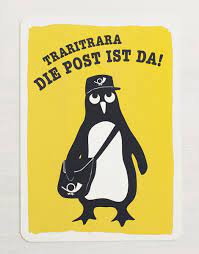 Hurra, die post ist da! Traritrara Die Post Ist Da Pinguin Postkarte Gelb