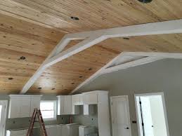 Red Farmhouse Tongue And Groove Vaulted Ceiling With White Beams Sherwin Williams Mindful Gray Walls White Beams Vaulted Ceiling Beams Small House Design