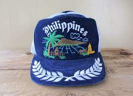 Philippines Original Embroidered Trucker Hat Navy Velour Vintage 80s Mesh Panel Snapback Tall Baseball Cap Filipino Islands Souvenir Ballap Hat Aesthetic Velour Hats