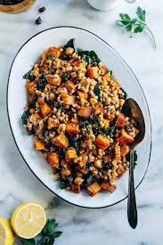 Roasted Sweet Potato Kale And Farro Salad With Lemon Tahini Dressing Making Thyme For Health Recipe Sweet Potato Kale Salad With Sweet Potato Farro Salad