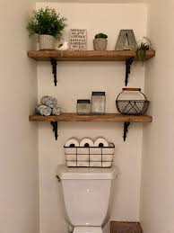 Open Shelving In Powder Room Half Bath Bathroom Powder Room Decor Bathroom Shelf Decor Small Bathroom Decor