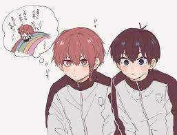 isagi yoichi, kurona ranze, blue lock, commentary request, highres,  translation request, 2boys, ahoge, black hair, blue eyes, braid, chibi,  closed mouth, jacket, looking at viewer, mageuchi5486, male focus, multiple  boys, red eyes,