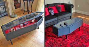 Coffin shaped coffee table 45 l x 21 w (at widest point) x 18 h ( standard coffee table height what a great piece to add to your decor. This Coffin Coffee Table Opens Up To Store Your Dark And Creepy Decor Items