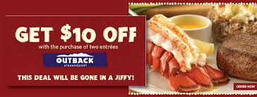 Check spelling or type a new query. Outback Steakhouse 10 Off Coupons Save 10 On 2 Entrees Limited Time Deal