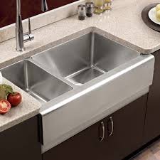 Double basin kitchen sink with basket strainer Epicure Series Apron Front Farmhouse Stainless Steel 70 30 Double Bowl Kitchen Sink Small Bowl Left Houzer