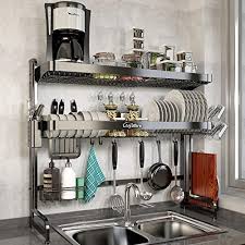 Stainless steel dish racks : Amazon Com Over Sink Dish Drying Rack Loyalfire 2 Tier Full Stainless Steel Large Storage Adjustable Kitchen Dish Rack 24 41 37 6 Expandable Dish Drainer Shelf Rack With Utensil Holder Cup Hanging Set