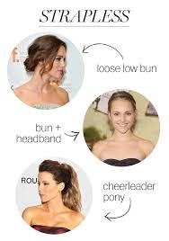 21 Perfect Hair And Neckline Combos For Every Party Dress You Own Hairstyle For Off Shoulder Gown Off Shoulder Hairstyles Strapless Dress Hairstyles