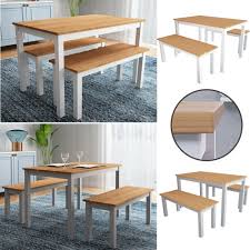 Round white kitchen & dining tables. Solid Dining Table Set 2 Bench Seat Grey White Legs With Pine Top Kitchen Yard Ebay