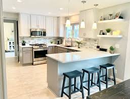 U Shaped Kitchen With Peninsula And Floating Shelves Gray Base Cabinets And White Upper Cabinet In 2020 Kitchen Design Plans Kitchen Design Small Kitchen Layout Plans