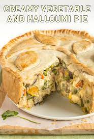 Creamy Vegetable And Halloumi Pie Crispy Pastry Filled With Tons Of Colourful Veggies Vegetable Pie Recipes Vegetarian Pie Recipes Vegetable Pie Vegetarian