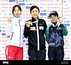 L to R) Misaki Oshikiri, 2nd, Miho Takagi, winner, and Nana Takagi react  after the ladies 3000m of All Japan Selected Speed Skating Championships in  Obihiro, Hokkaido on Nov. 13, 2020. Takagi
