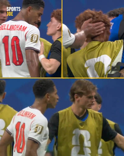 Jude Bellingham was seen slapping Valentin Barco on the back of his head  after the FT whistle. 😲 The Argentina players were celebrating the win and  the England midfielder walked over and