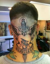 Mens Neck Tattoo With Sword Going Through A Heart Back Of Neck Tattoo Neck Tattoo For Guys Back Of Neck Tattoo Men