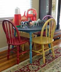 Kids Table Love The Bright Colors Black Legs Chalkboard Top And Chairs In Aqua Purple Lime And Pink Paint Kids Table Table And Chairs Kids Table And Chairs