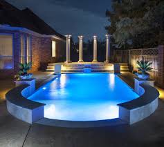 Night Shot Of Our Greek Style Pool With Columns And L E D Water Features Pool Patio Pool Concrete Pool