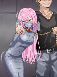 thalter39o, shikimori miyako, kawaii dake ja nai shikimori-san, absurdres,  highres, 1boy, 1girl, angry, bdsm, belt, blue eyes, blush, bound, chain,  chain leash, collar, collarbone, covered navel, denim, duct tape, faceless,  faceless male,