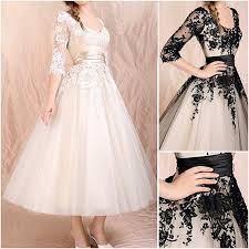 Black And White Wedding Dresses With Sleeves High Quality Black Lace 3 4 Sleeves Tea Length Wedding Dress Informal Wedding Dresses Tea Length Dresses