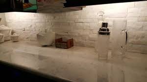 Sparkling White Stacked Stone Backsplash On Carrera Quartz Counter On Our Dry Bar Stacked Stone Backsplash Stone Backsplash Kitchen Stone Backsplash