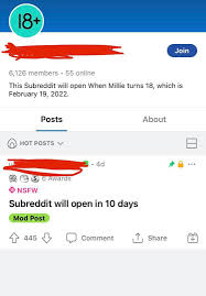 NSFW Subreddit created for a minor, Millie Bobby Brown. The Subreddit has  been created for weeks and is waiting to open on her 18th birthday. It  already has thousands of subscribers. :