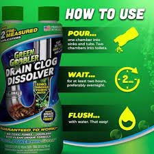 Safe on pipes, toilets clear any clogged drain or toilet with dissolve drain clog remover, a powerful hair and grease clog dissolve sinks through standing water and sticks to clogs until the material has dissolved. Liquid Hair Grease Clog Remover Green Gobbler