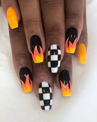 Full Set Of Acrylics With Nail Art Link In Bio To Book Nails Nailart Nailsofinstagram Acr Checkered Nails Flame Nail Art Scary Halloween Nails Design