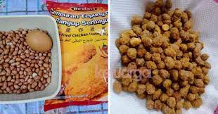 Kacang tanah kupas•terigu•tepung tapioka•telur•bawang putih; Kacang Goreng Crispy Spicy Semudah Abc 15 Minit Jer Dah Siap Keluarga